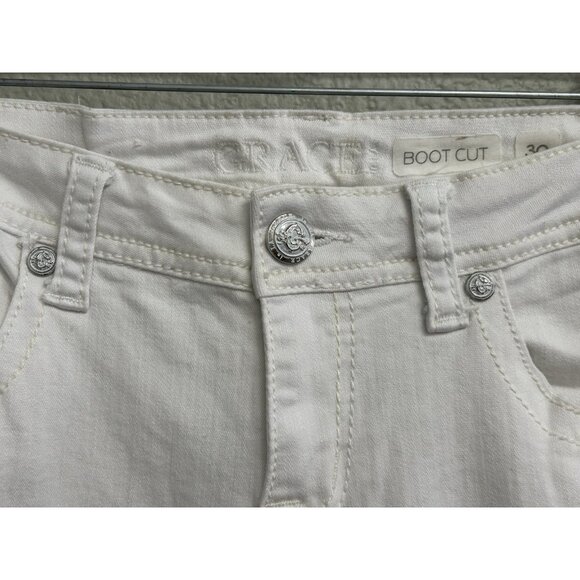 Grace In LA Women’s Boot Cut Jeans Embroidered Raw Hem White Size 30 - Picture 4 of 11